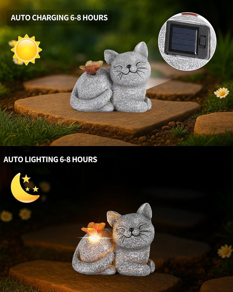 GoGnome Solar Cat Garden Statue with Butterfly Light – 5-Inch Outdoor Resin Figurine for Yard, Patio, Balcony – Gifts for Women, Garden Decor Accent (Cat) - Image 2